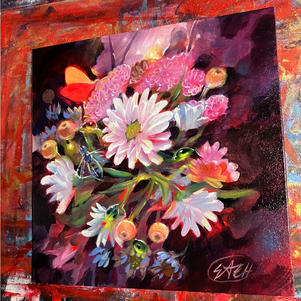 ORIGINAL Butterfly floral Painting flower Still Life art surreal ladybugs garden